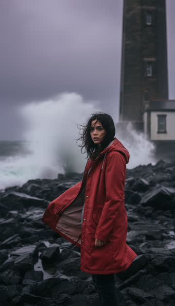 Mara on the rocks in a storm